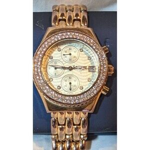 Stauer Watch Women Gold Tone 6.75" Band Pave Crystal 36mm Dial Chrono 3 ATM